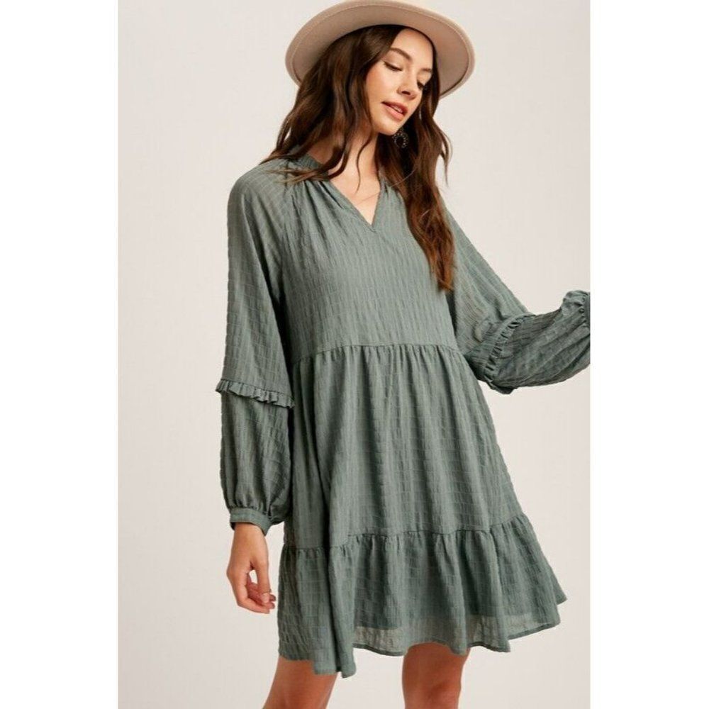 sale! Listicle Plaid Textured V-neck Accent Babydoll Dress Sage Green S-L LD0933 - Picture 3 of 7
